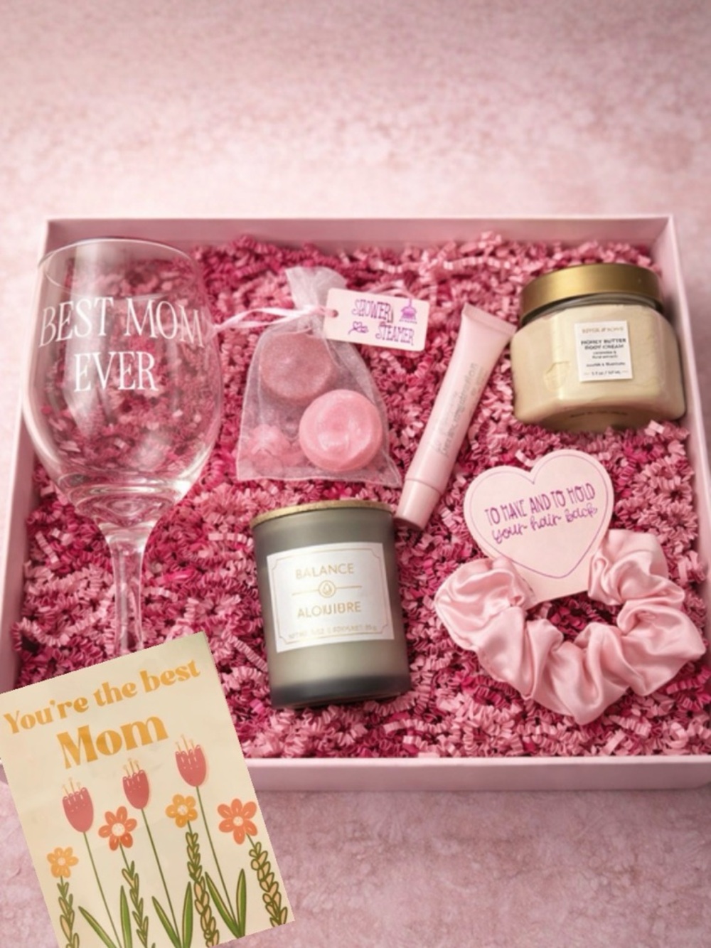 Mothers Day Gift Box for Mom Personalized Wine Glass Spa Gift Set Card